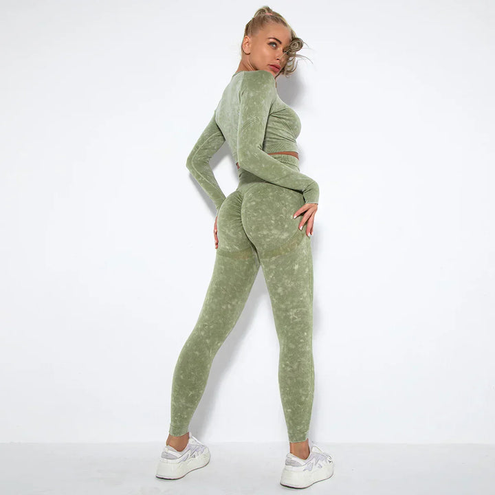 Nahtloses Damen Sport Set - Fitness Leggings und Top-Olivgrün-M-Luzern Mode