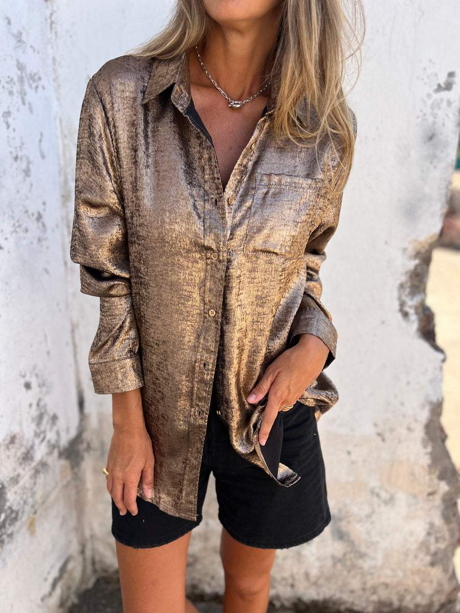 Damen Bluse aus Samt mit Knopfleiste und Kragen-Goldbraun-S-Luzern Mode