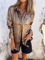 Damen Bluse aus Samt mit Knopfleiste und Kragen-Goldbraun-S-Luzern Mode