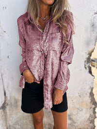 Damen Bluse aus Samt mit Knopfleiste und Kragen-Rosa-S-Luzern Mode
