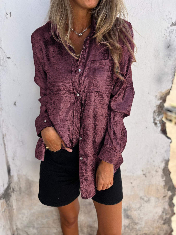 Damen Bluse aus Samt mit Knopfleiste und Kragen-Rot-S-Luzern Mode