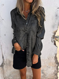 Damen Bluse aus Samt mit Knopfleiste und Kragen-Schwarz-S-Luzern Mode