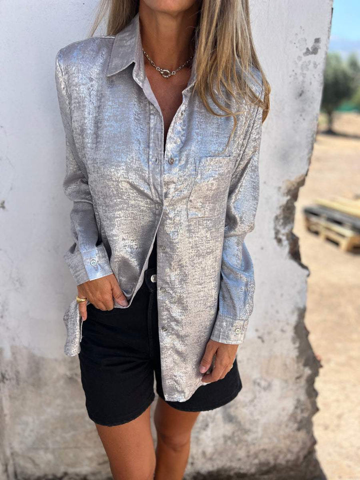 Damen Bluse aus Samt mit Knopfleiste und Kragen-Silber-S-Luzern Mode