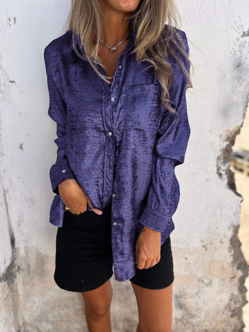 Damen Bluse aus Samt mit Knopfleiste und Kragen-Violett-S-Luzern Mode