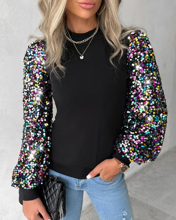 Pailletten-Pullover mit Puffärmeln für Damen - Party Look-Luzern Mode