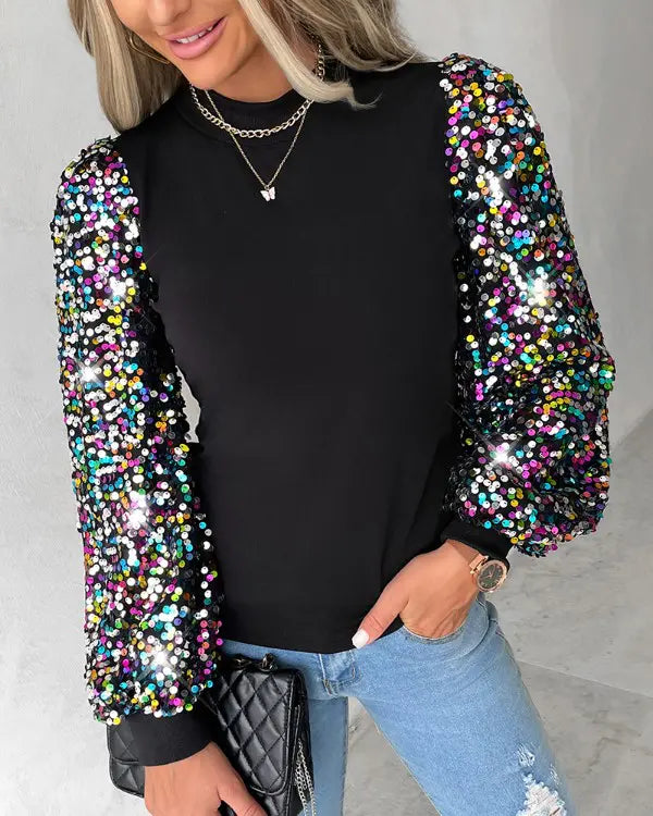 Pailletten-Pullover mit Puffärmeln für Damen - Party Look-Luzern Mode