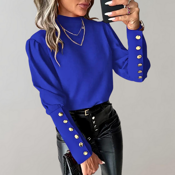 Damen Bluse mit Goldknöpfen und Puffärmeln - Elegant-Blau-S-Luzern Mode