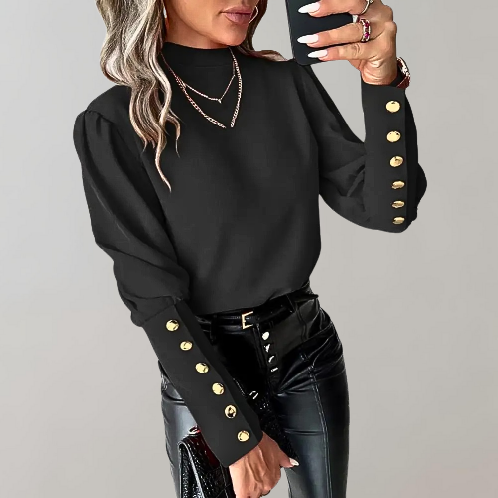 Damen Bluse mit Goldknöpfen und Puffärmeln - Elegant-Schwarz-S-Luzern Mode