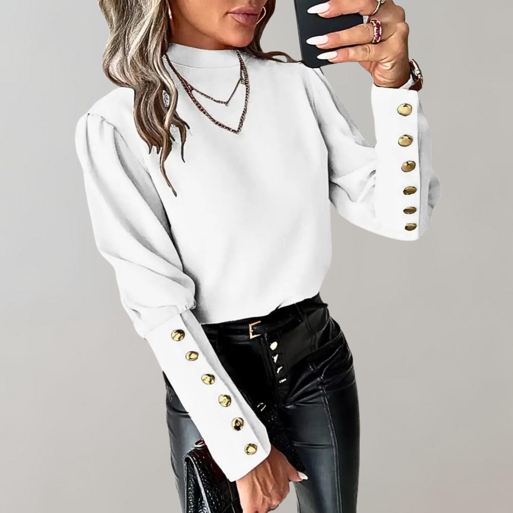 Damen Bluse mit Goldknöpfen und Puffärmeln - Elegant-Weiß-S-Luzern Mode