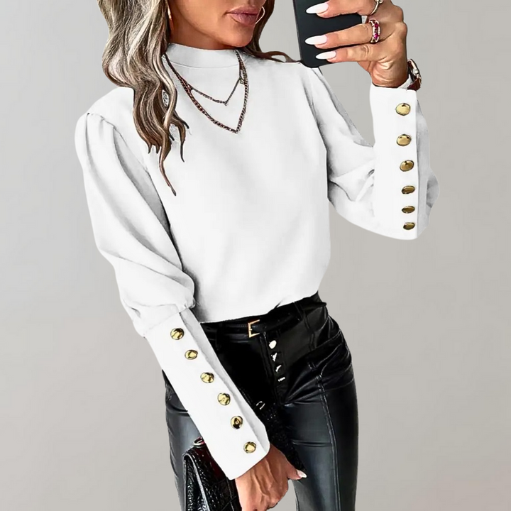 Damen Bluse mit Goldknöpfen und Puffärmeln - Elegant-Weiß-S-Luzern Mode