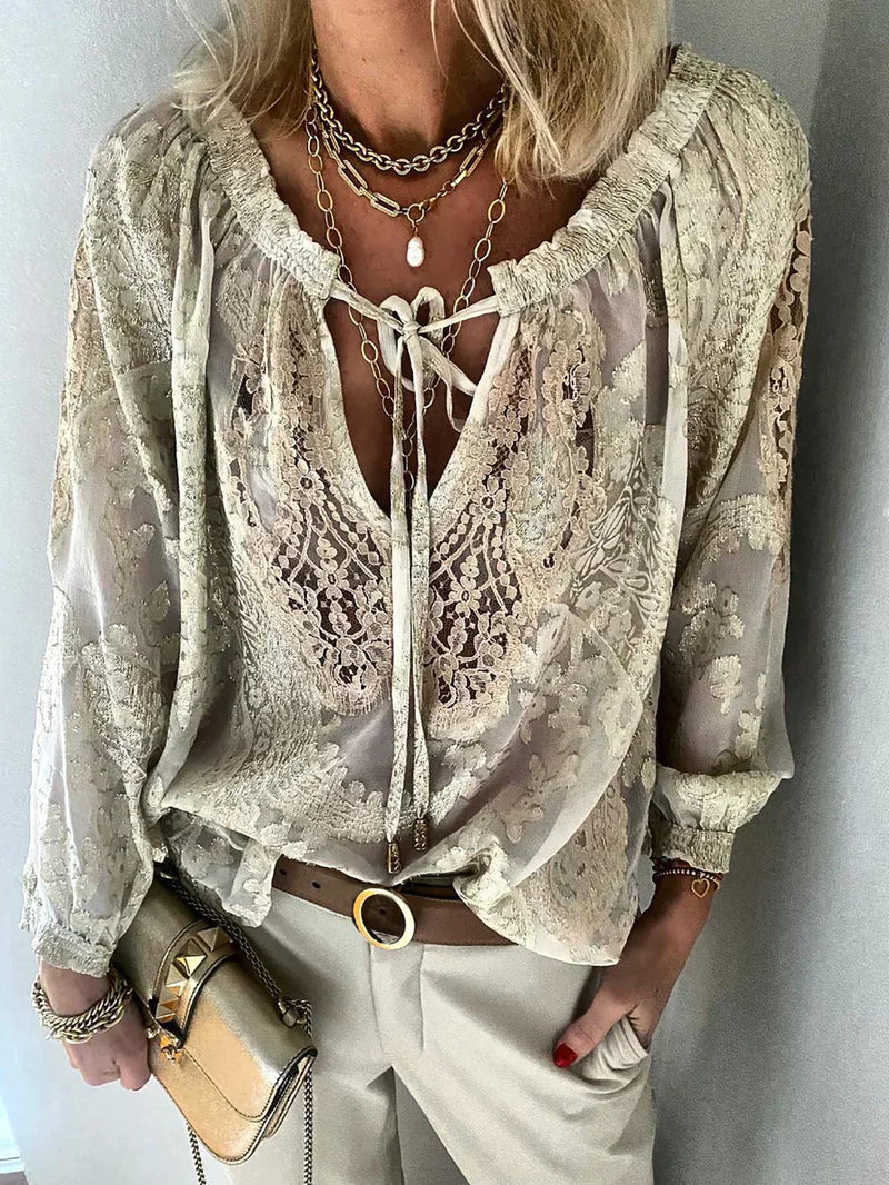 Damen Spitzenbluse mit V-Ausschnitt und langen Ärmeln-Khaki-S-Luzern Mode