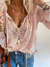 Damen Spitzenbluse mit V-Ausschnitt und langen Ärmeln-Rosa-S-Luzern Mode