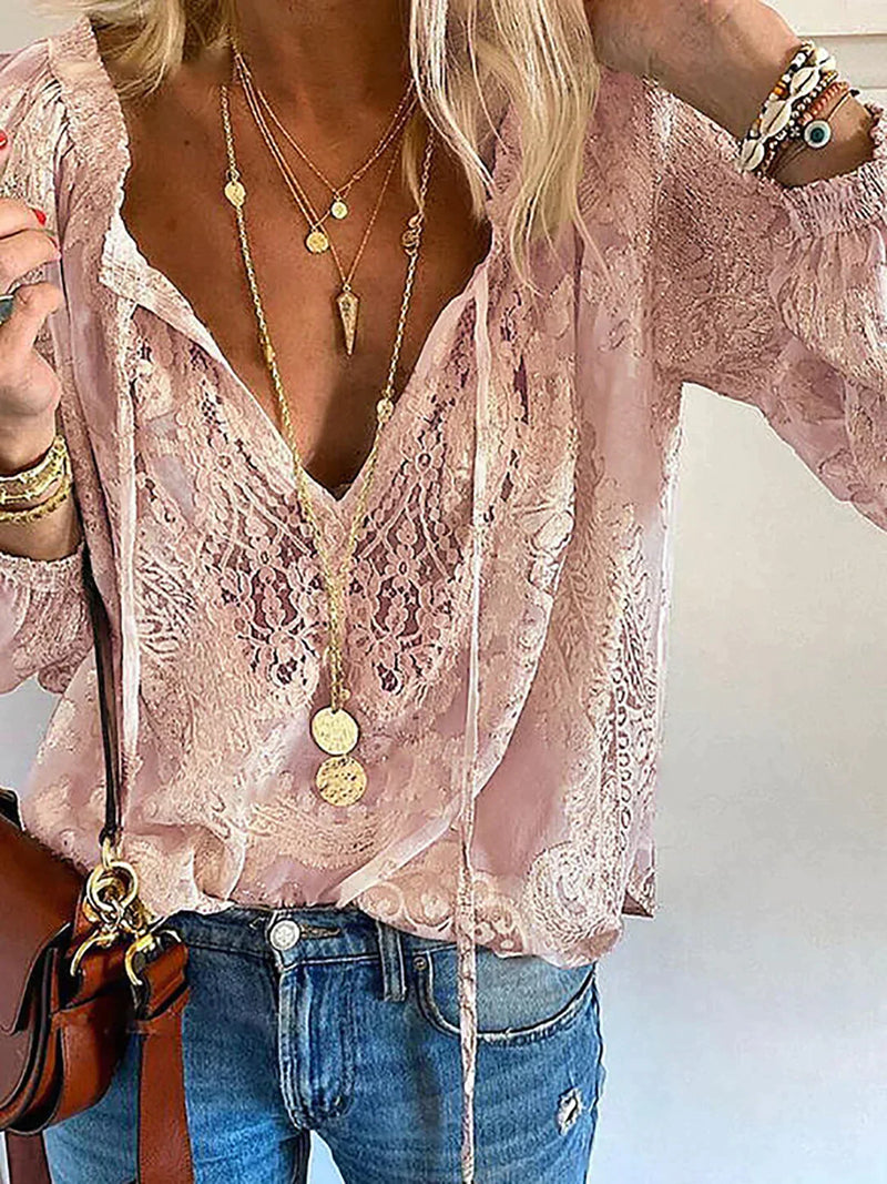 Damen Spitzenbluse mit V-Ausschnitt und langen Ärmeln-Rosa-S-Luzern Mode