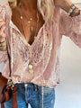 Damen Spitzenbluse mit V-Ausschnitt und langen Ärmeln-Rosa-S-Luzern Mode
