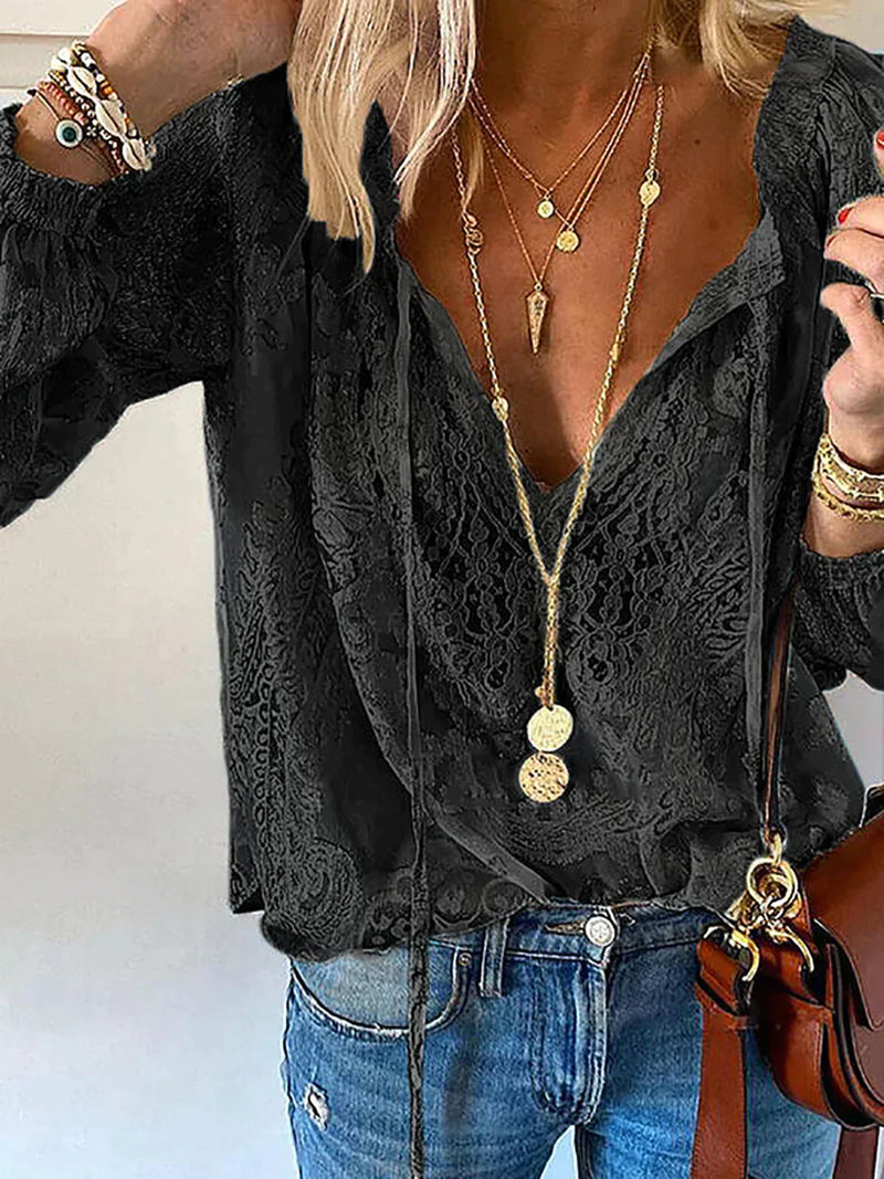 Damen Spitzenbluse mit V-Ausschnitt und langen Ärmeln-Schwarz-S-Luzern Mode