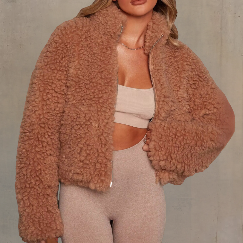 Damen Shearling Jacke - Modische Winterjacke für Frauen-Braun-XS-Luzern Mode