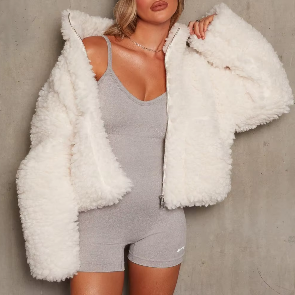 Damen Shearling Jacke - Modische Winterjacke für Frauen-Weiß-XS-Luzern Mode