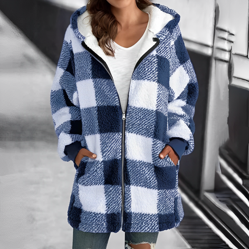 Damen Karo Fleecejacke mit Kapuze und Reißverschluss-Blau-S-Luzern Mode