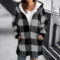 Damen Karo Fleecejacke mit Kapuze und Reißverschluss-Grau-S-Luzern Mode
