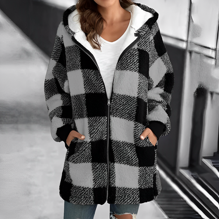 Damen Karo Fleecejacke mit Kapuze und Reißverschluss-Grau-S-Luzern Mode