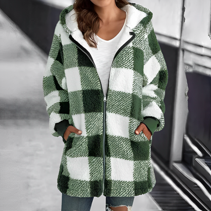 Damen Karo Fleecejacke mit Kapuze und Reißverschluss-Hellgrün-S-Luzern Mode