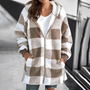 Damen Karo Fleecejacke mit Kapuze und Reißverschluss-Khaki-S-Luzern Mode