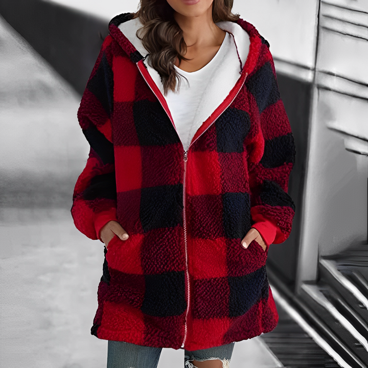 Damen Karo Fleecejacke mit Kapuze und Reißverschluss-Rot-S-Luzern Mode