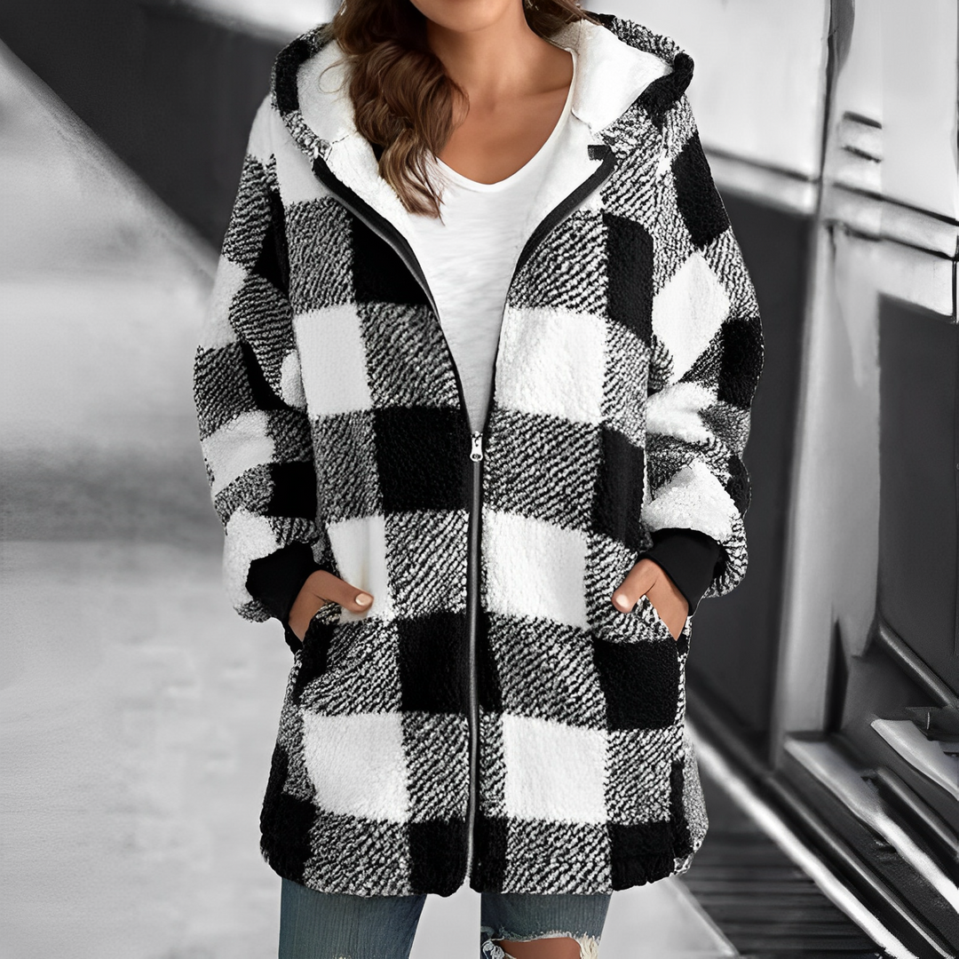 Damen Karo Fleecejacke mit Kapuze und Reißverschluss-Schwarz-S-Luzern Mode