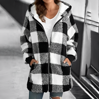 Damen Karo Fleecejacke mit Kapuze und Reißverschluss-Schwarz-S-Luzern Mode