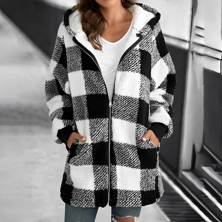 Damen Karo Fleecejacke mit Kapuze und Reißverschluss-Schwarz-S-Luzern Mode