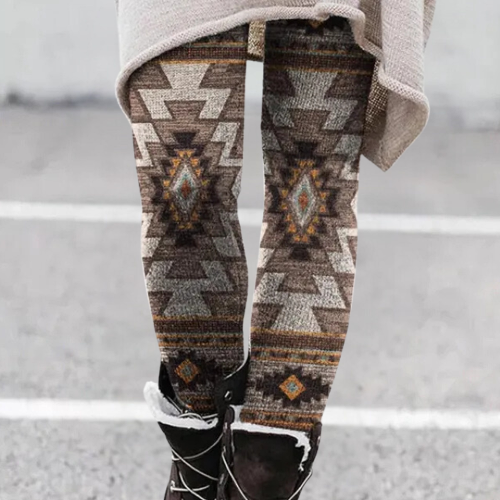 Aztekenmuster Leggings Damen - Bequeme Ethno-Mode-Khaki-XS-Luzern Mode