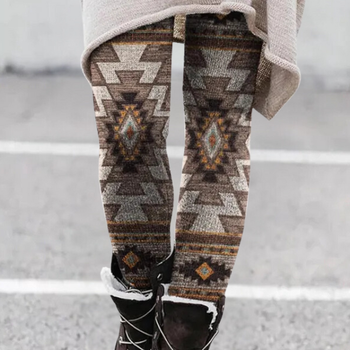Aztekenmuster Leggings Damen - Bequeme Ethno-Mode-Khaki-XS-Luzern Mode