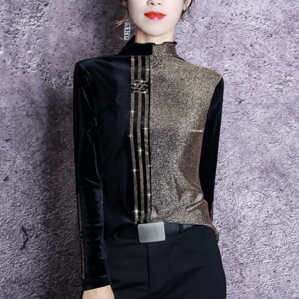 Damen Samt Langarmshirt mit Reißverschluss-Details-XS-Luzern Mode
