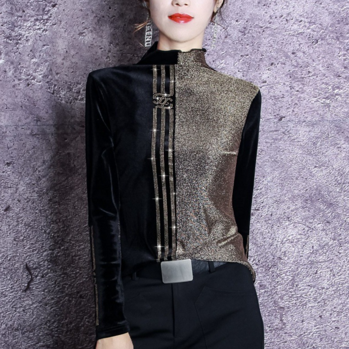 Damen Samt Langarmshirt mit Reißverschluss-Details-XS-Luzern Mode