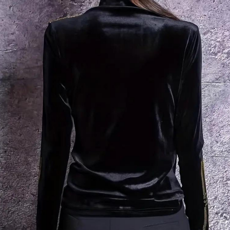 Damen Samt Langarmshirt mit Reißverschluss-Details-Luzern Mode