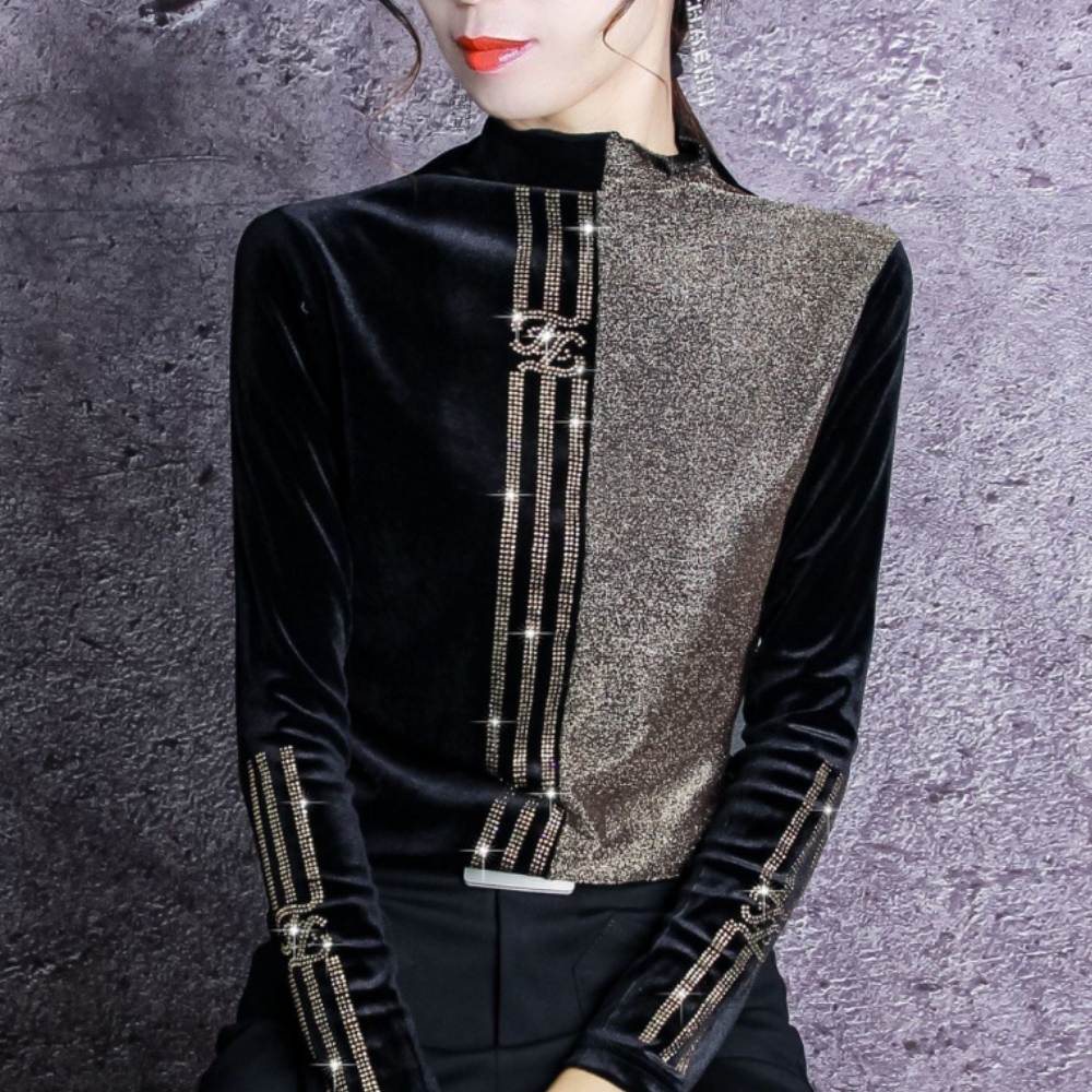 Damen Samt Langarmshirt mit Reißverschluss-Details-Luzern Mode