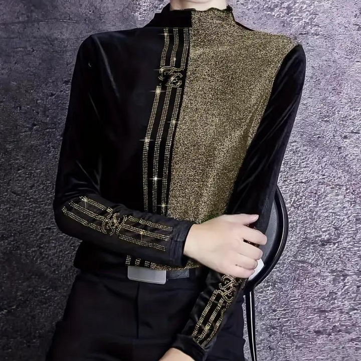 Damen Samt Langarmshirt mit Reißverschluss-Details-Luzern Mode