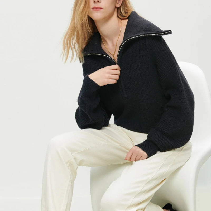 Damen Strickpullover mit Reißverschluss und Stehkragen-Luzern Mode