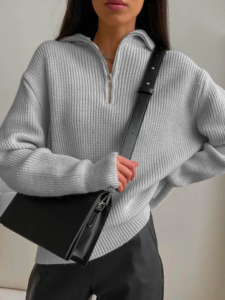 Damen Strickpullover mit Reißverschluss und Stehkragen-Luzern Mode
