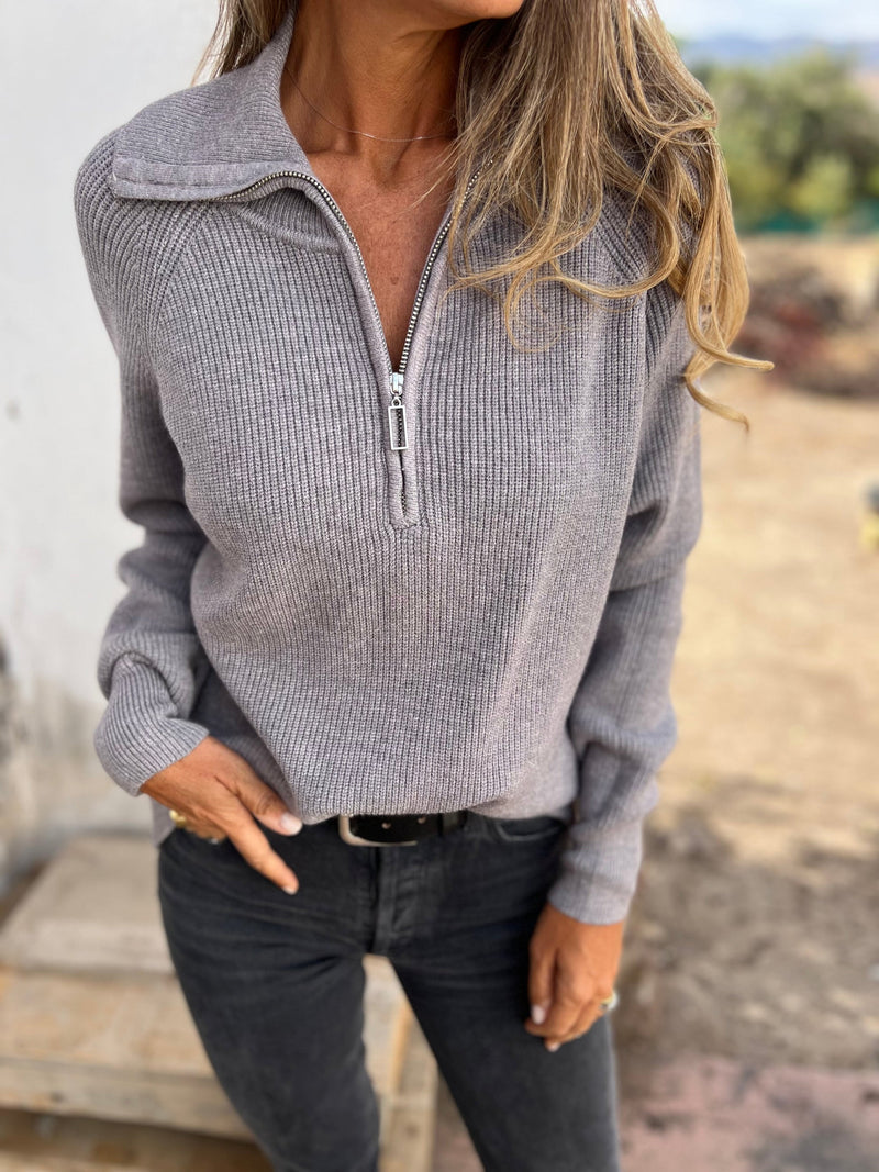Damen Strickpullover mit Reißverschluss und Stehkragen-Luzern Mode