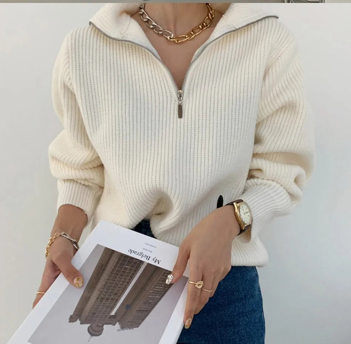 Damen Strickpullover mit Reißverschluss und Stehkragen-Luzern Mode