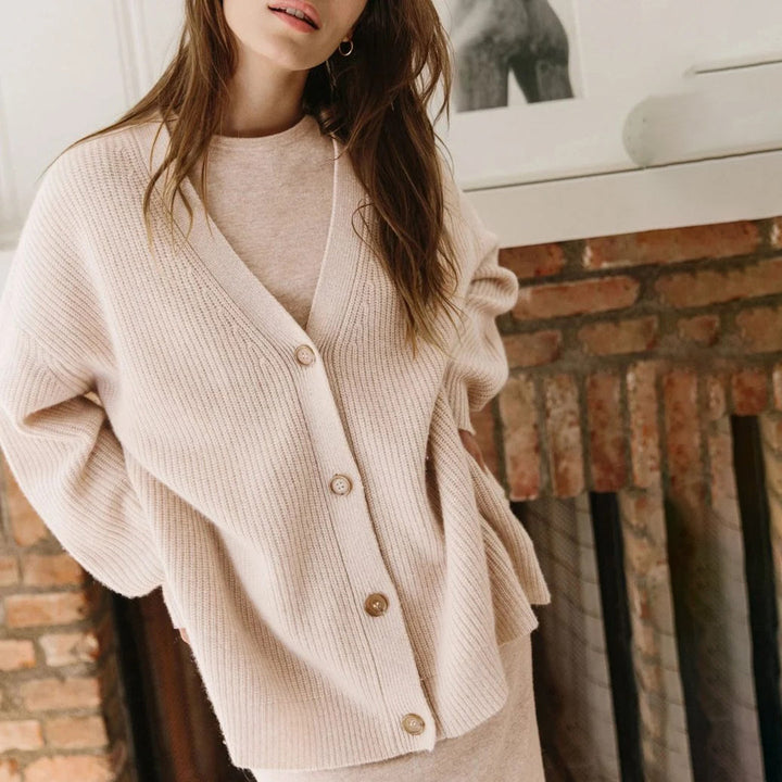 Damen Strickjacke Oversize mit Knöpfen - Gemütlicher Look-Haferflocken-XS-Luzern Mode