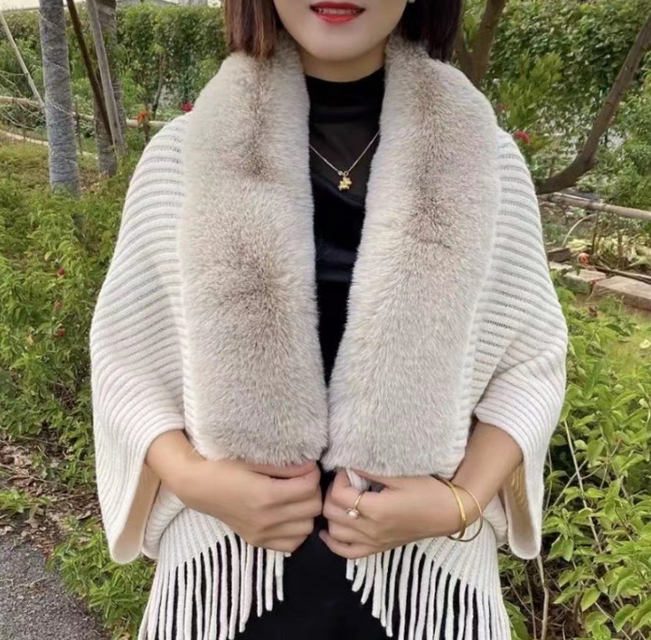 Damen-Cardigan Faux Fur – Warmer Damenmantel | Pelzkragen | Einheitsgröße-Beige-Luzern Mode