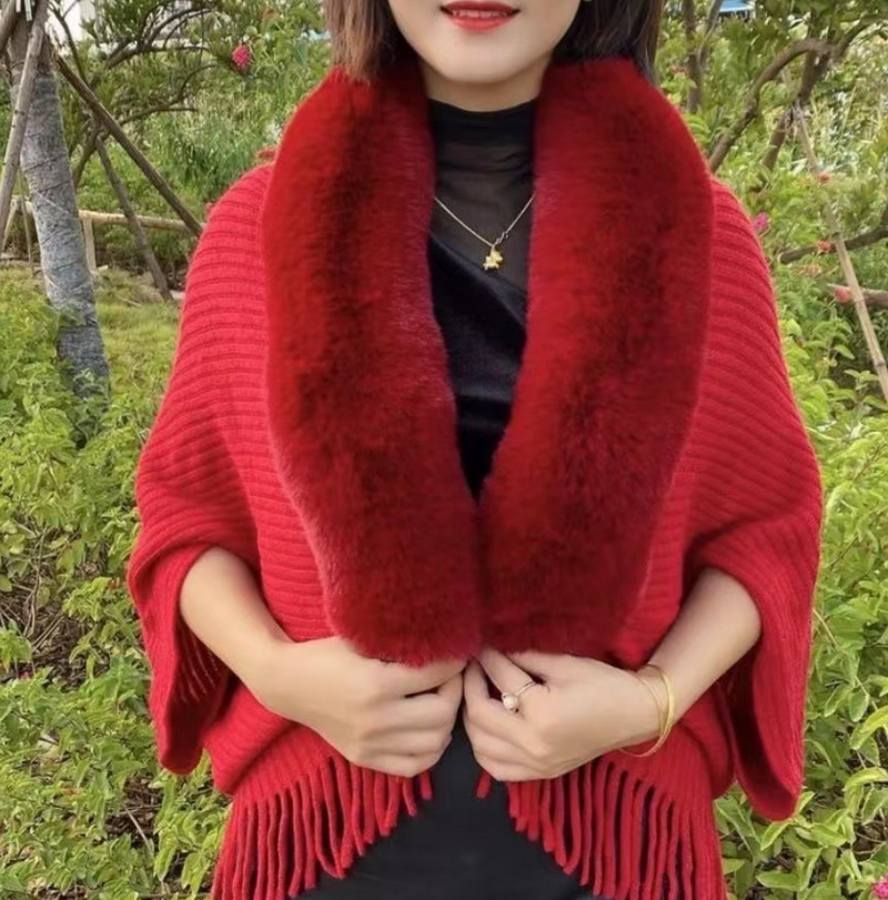 Damen-Cardigan Faux Fur – Warmer Damenmantel | Pelzkragen | Einheitsgröße-Bordeauxrot-Luzern Mode