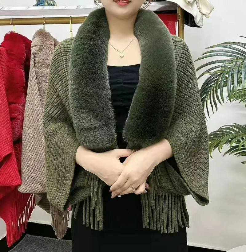 Damen-Cardigan Faux Fur – Warmer Damenmantel | Pelzkragen | Einheitsgröße-Grün-Luzern Mode