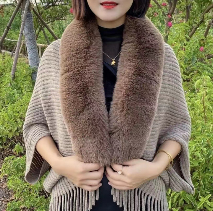 Damen-Cardigan Faux Fur – Warmer Damenmantel | Pelzkragen | Einheitsgröße-Kaffeebraun-Luzern Mode