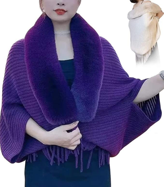 Damen-Cardigan Faux Fur – Warmer Damenmantel | Pelzkragen | Einheitsgröße-Lila-Luzern Mode
