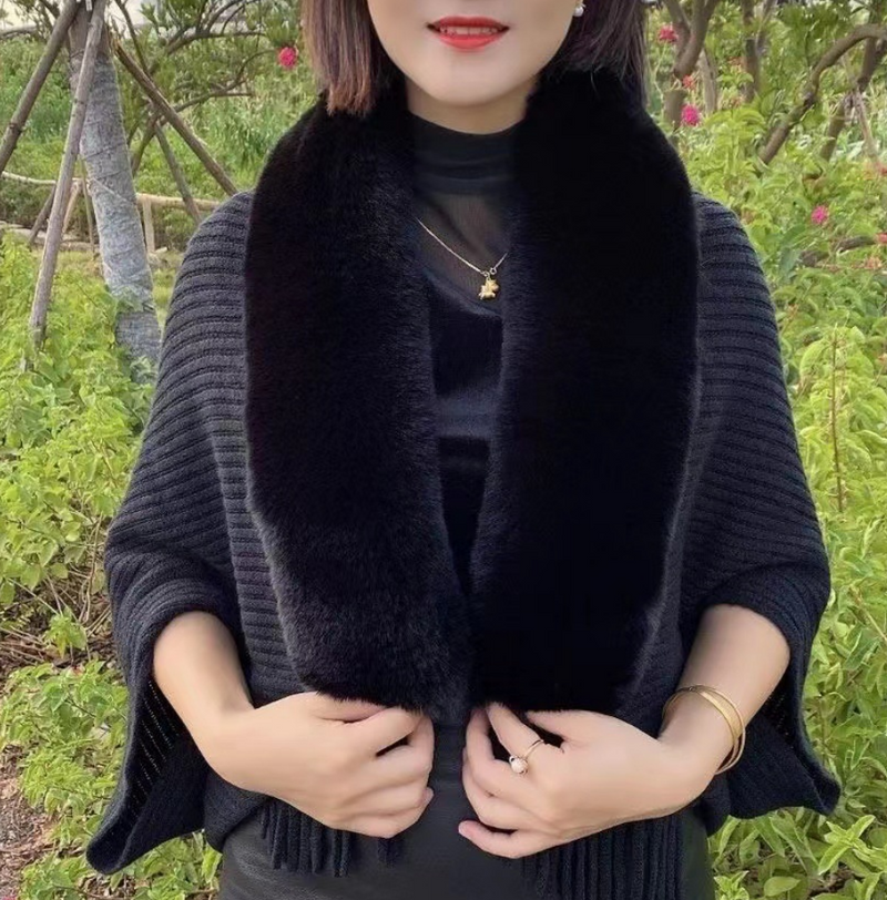 Damen-Cardigan Faux Fur – Warmer Damenmantel | Pelzkragen | Einheitsgröße-Schwarz-Luzern Mode