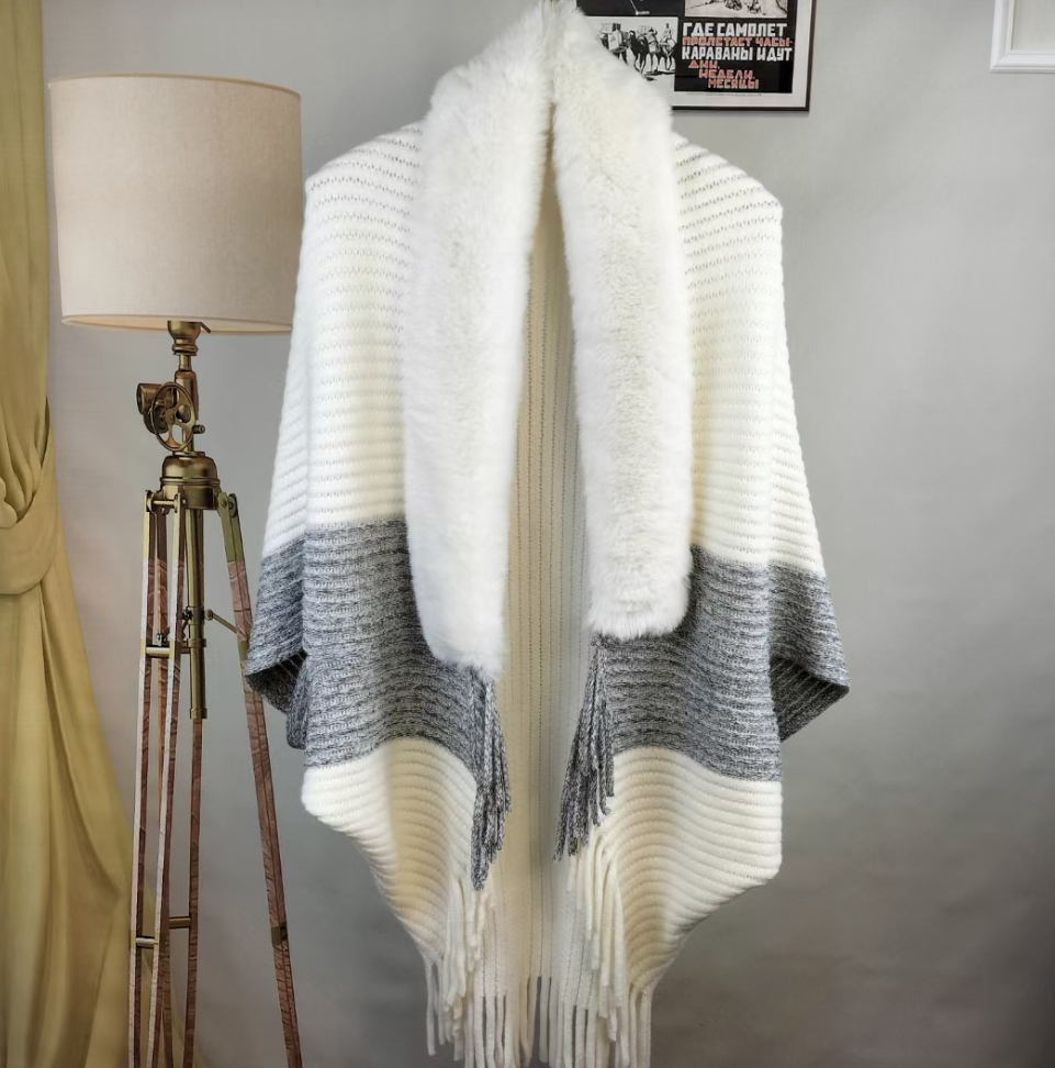 Damen-Cardigan Faux Fur – Warmer Damenmantel | Pelzkragen | Einheitsgröße-Weiß-Grau-Luzern Mode