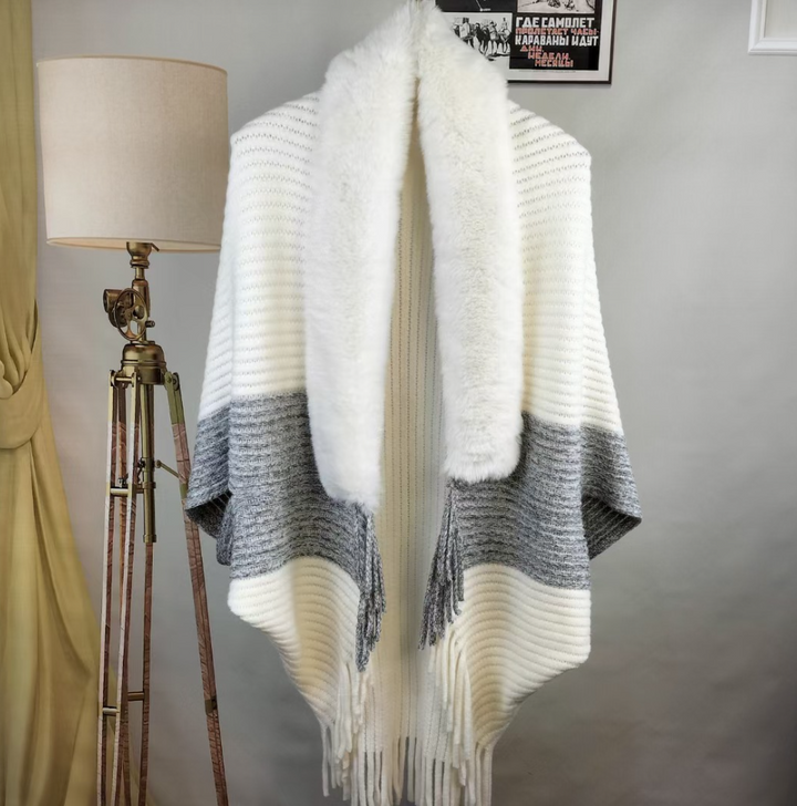 Damen-Cardigan Faux Fur – Warmer Damenmantel | Pelzkragen | Einheitsgröße-Weiß-Grau-Luzern Mode